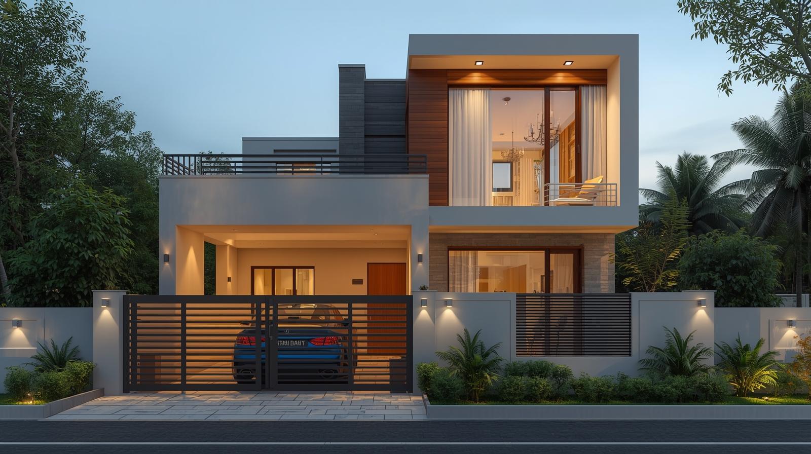 Residential villa with modern lighting and facade